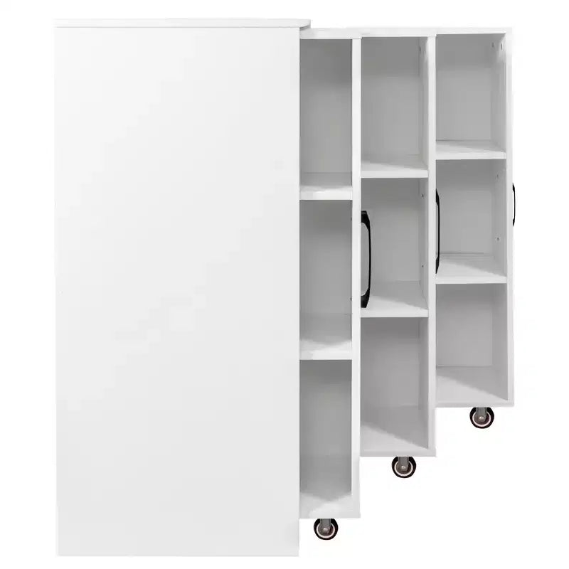 3-Door Sliding Bookcase, 3 Tier Floor Standing Bookcase with Pull-Out Storage and Casters - White