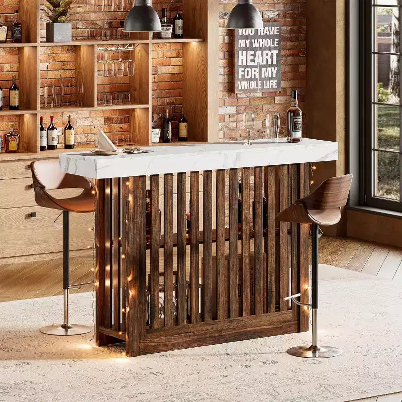 63 Long Bar Table - Counter Bar Height Pub Table with 2 Tier Storage Shelves, Modern Coffee Breakfast Bar Unit for Dining Room, Bistro, Living Room