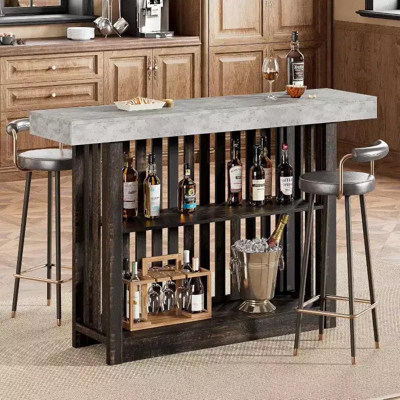 63 Long Bar Table - Counter Bar Height Pub Table with 2 Tier Storage Shelves, Modern Coffee Breakfast Bar Unit for Dining Room, Bistro, Living Room