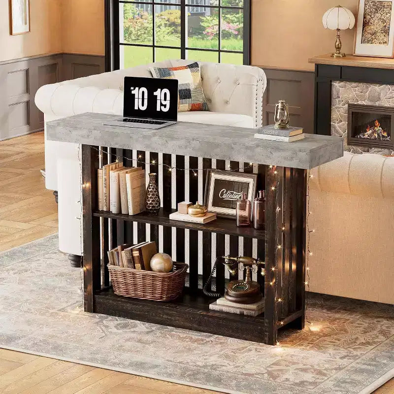63 Long Bar Table - Counter Bar Height Pub Table with 2 Tier Storage Shelves, Modern Coffee Breakfast Bar Unit for Dining Room, Bistro, Living Room