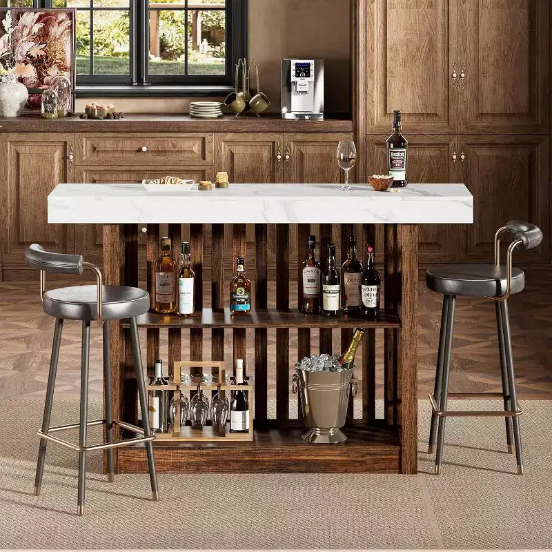 63 Long Bar Table - Counter Bar Height Pub Table with 2 Tier Storage Shelves, Modern Coffee Breakfast Bar Unit for Dining Room, Bistro, Living Room