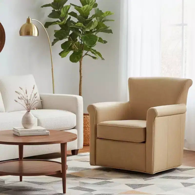 Faux Leather Swivel Accent Chair - Rolled Back Armchair with Metal Base, Removable Cushion, Lounge Chair for Living Room