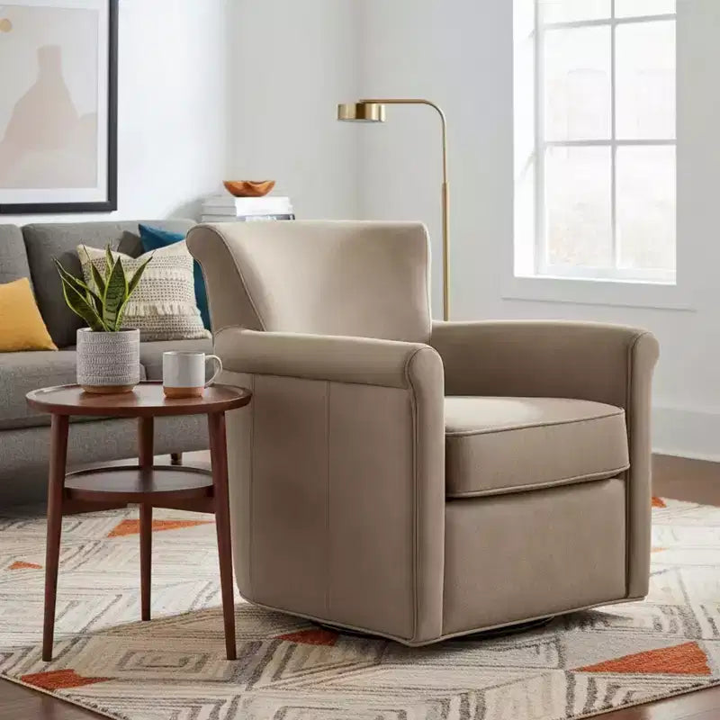 Faux Leather Swivel Accent Chair - Rolled Back Armchair with Metal Base, Removable Cushion, Lounge Chair for Living Room