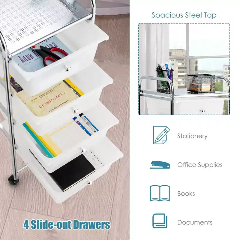 4-Drawer Cart Storage Bin Organizer Rolling w/Plastic Drawers Yellow/Clear/Multicolor/Rainbow