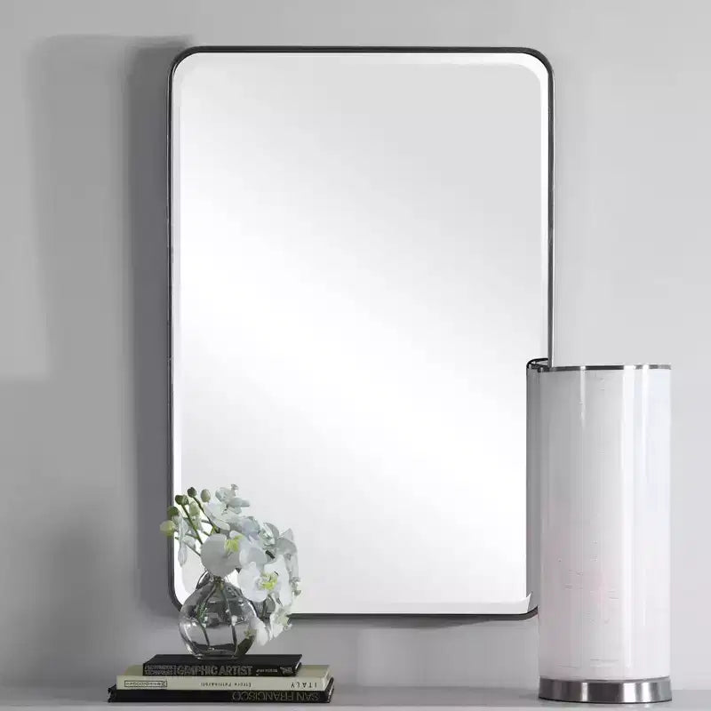 Rectangular Vanity Accent Wall Mirror Modern Curved Corner Beveled Silver Metal Frame 24 Wide for Bathroom Bedroom