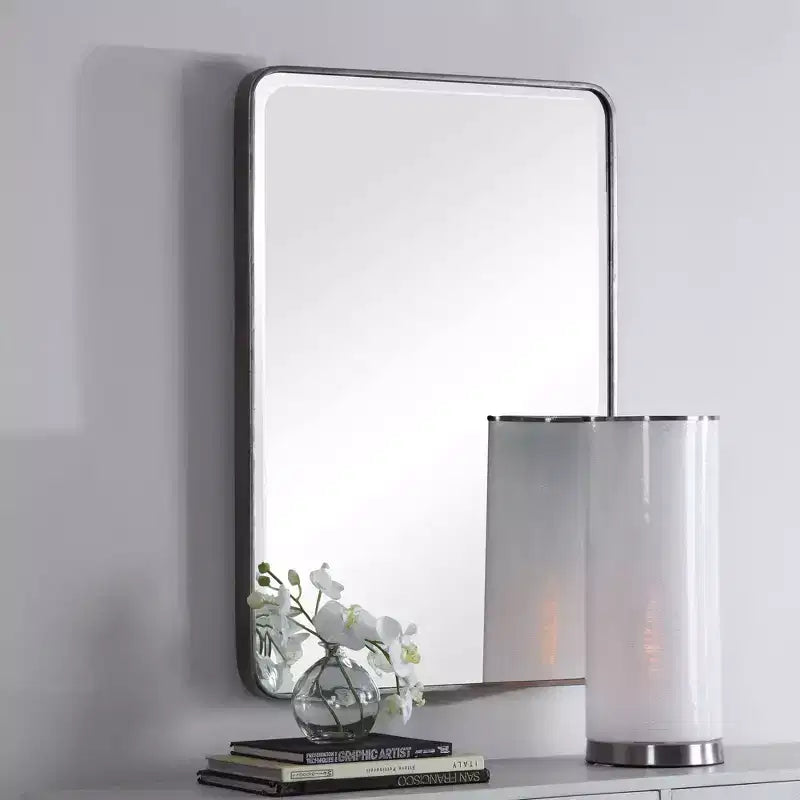 Rectangular Vanity Accent Wall Mirror Modern Curved Corner Beveled Silver Metal Frame 24 Wide for Bathroom Bedroom