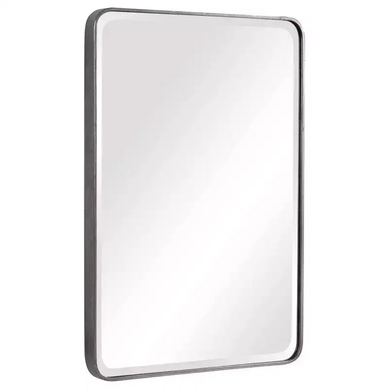Rectangular Vanity Accent Wall Mirror Modern Curved Corner Beveled Silver Metal Frame 24 Wide for Bathroom Bedroom