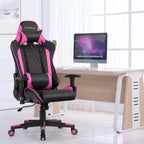 Fauteuil de gaming massant inclinable style course avec support lombaire et appui-tête - Blanc/Bleu/Rose/Rouge