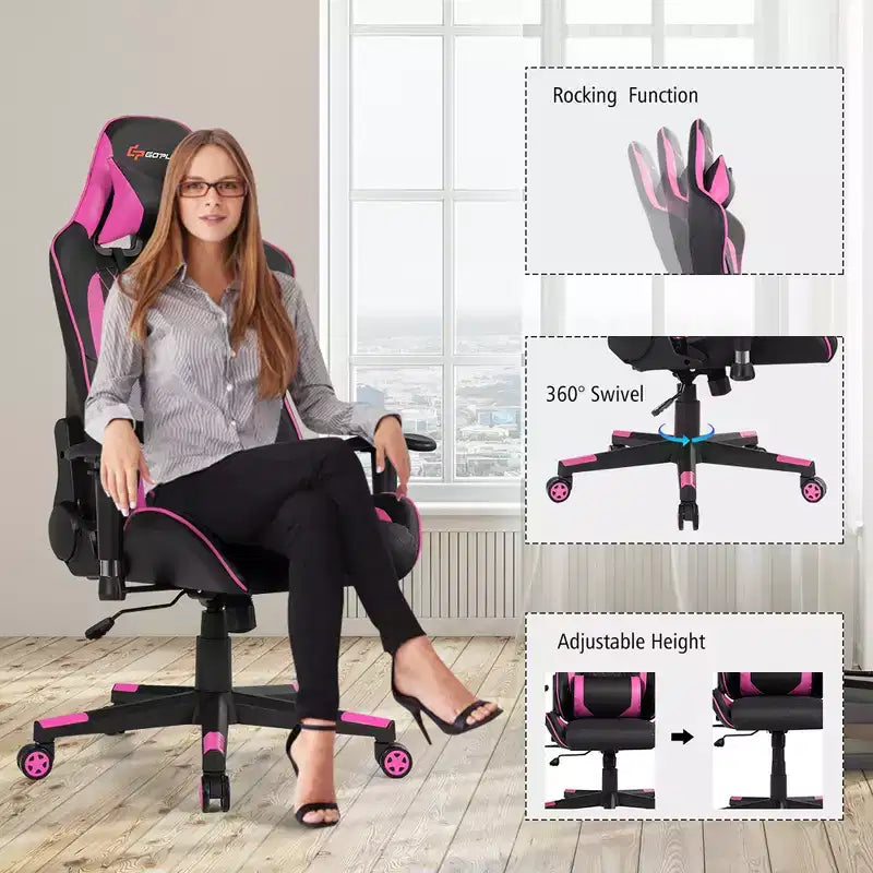 Massage Gaming Chair Reclining Racing Chair with Lumbar Support and Headrest - White/Blue/Pink/Red