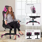 Fauteuil de gaming massant inclinable style course avec support lombaire et appui-tête - Blanc/Bleu/Rose/Rouge