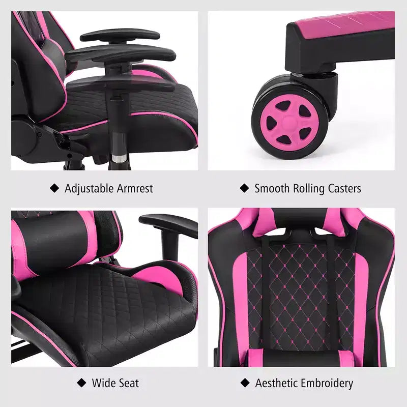 Massage Gaming Chair Reclining Racing Chair with Lumbar Support and Headrest - White/Blue/Pink/Red