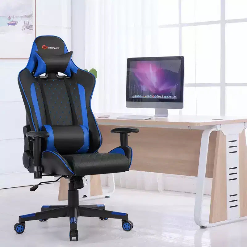 Massage Gaming Chair Reclining Racing Chair with Lumbar Support and Headrest - White/Blue/Pink/Red