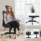Fauteuil de gaming massant inclinable style course avec support lombaire et appui-tête - Blanc/Bleu/Rose/Rouge
