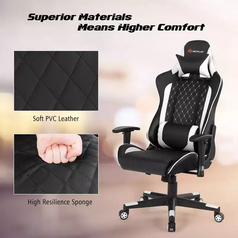 Massage Gaming Chair Reclining Racing Chair with Lumbar Support and Headrest - White/Blue/Pink/Red