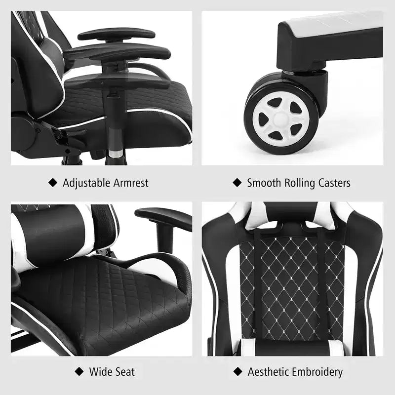 Massage Gaming Chair Reclining Racing Chair with Lumbar Support and Headrest - White/Blue/Pink/Red