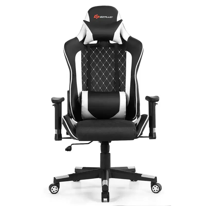 Massage Gaming Chair Reclining Racing Chair with Lumbar Support and Headrest - White/Blue/Pink/Red
