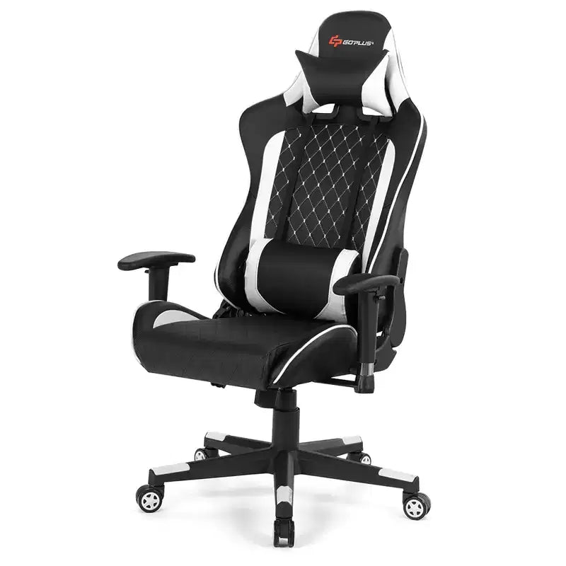 Massage Gaming Chair Reclining Racing Chair with Lumbar Support and Headrest - White/Blue/Pink/Red