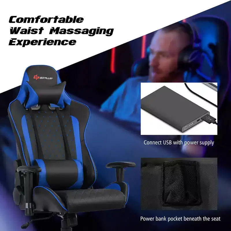 Massage Gaming Chair Reclining Racing Chair with Lumbar Support and Headrest - White/Blue/Pink/Red