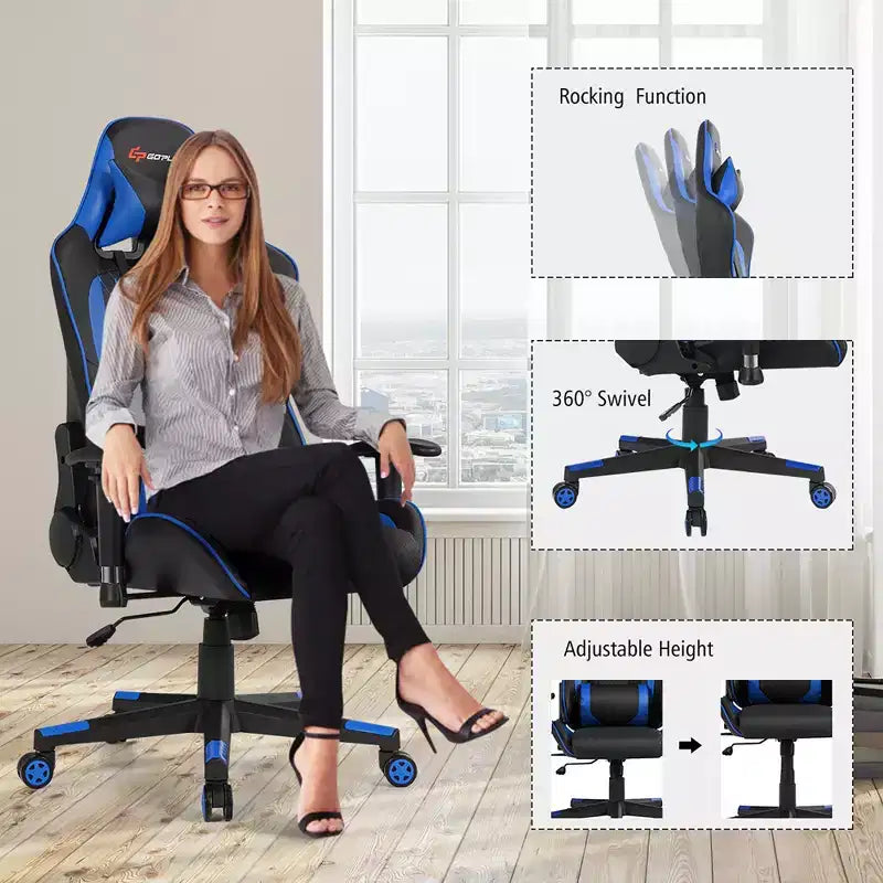 Massage Gaming Chair Reclining Racing Chair with Lumbar Support and Headrest - White/Blue/Pink/Red