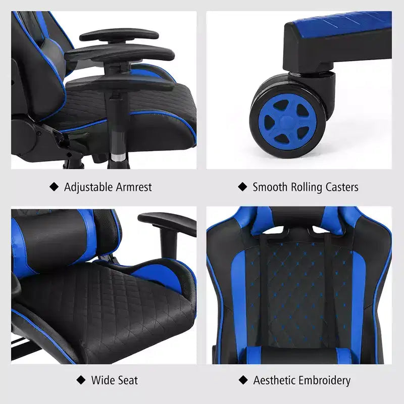 Massage Gaming Chair Reclining Racing Chair with Lumbar Support and Headrest - White/Blue/Pink/Red