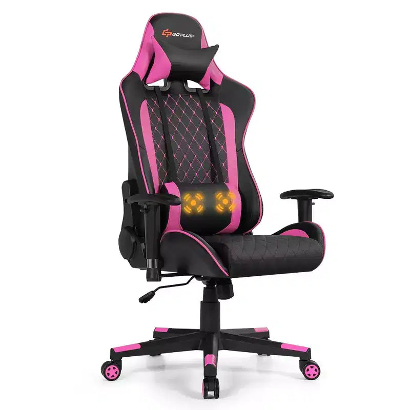 Massage Gaming Chair Reclining Racing Chair with Lumbar Support and Headrest - White/Blue/Pink/Red