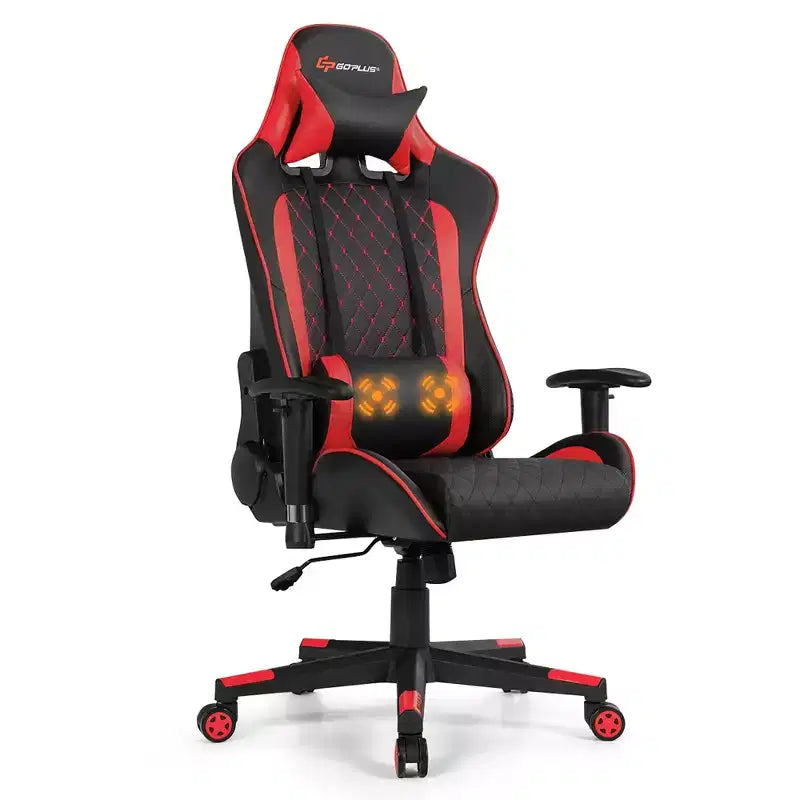 Massage Gaming Chair Reclining Racing Chair with Lumbar Support and Headrest - White/Blue/Pink/Red