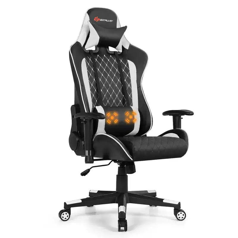 Massage Gaming Chair Reclining Racing Chair with Lumbar Support and Headrest - White/Blue/Pink/Red
