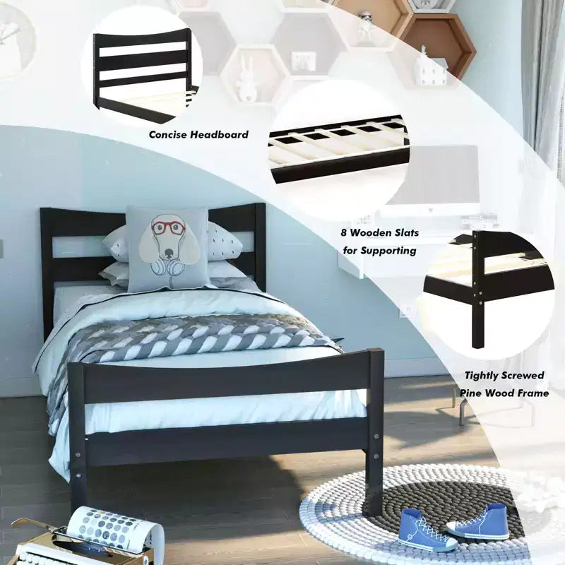 Twin Size Platform Bed Frame Foundation with Headboard & Wood Slat Support