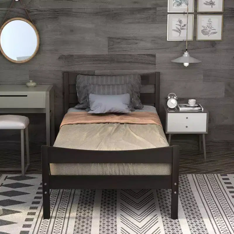 Twin Size Platform Bed Frame Foundation with Headboard & Wood Slat Support
