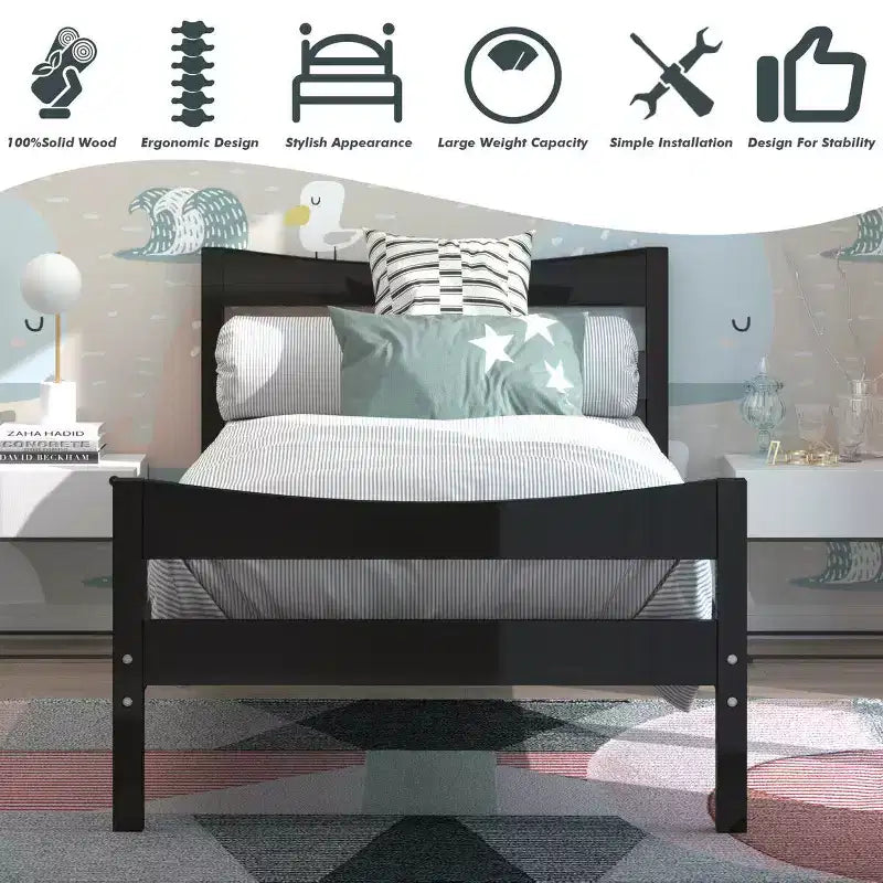 Twin Size Platform Bed Frame Foundation with Headboard & Wood Slat Support